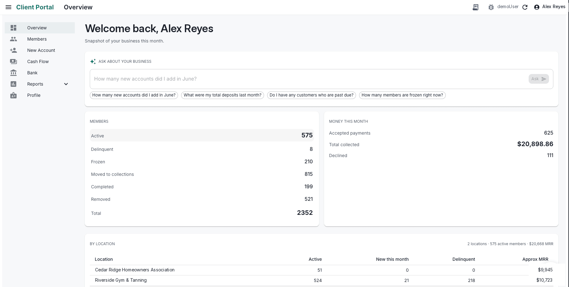 ARC client portal overview (anonymized demo data)